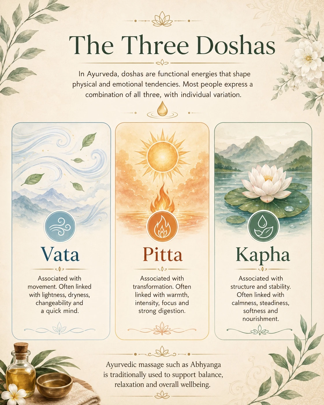 Ayurvedic doshas infographic showing Vata, Pitta and Kapha