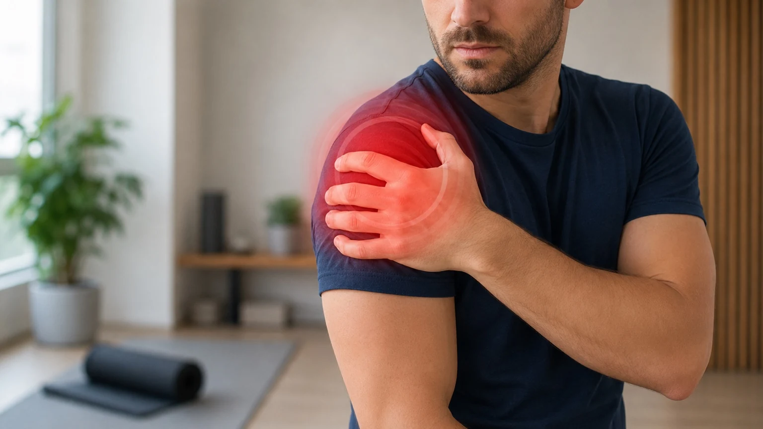 Person holding a painful shoulder before supportive ultrasound or electrotherapy treatment