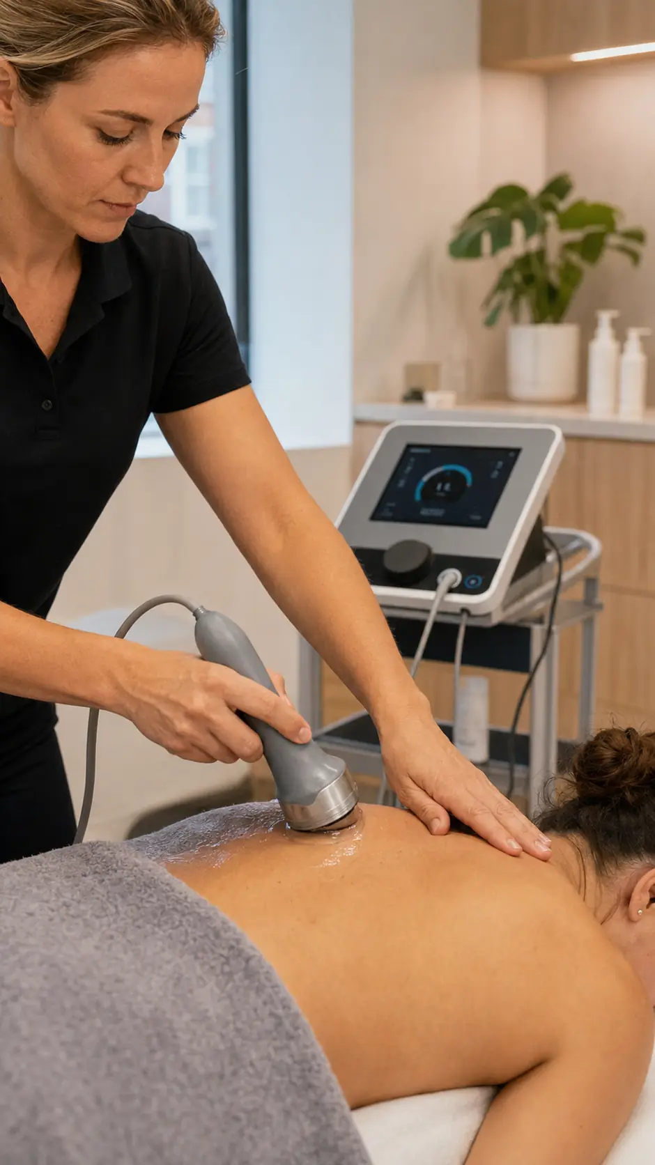 Therapist applying therapeutic ultrasound to a client’s shoulder with the treatment unit visible nearby